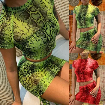 

New Women Mini Skirt Crop Top 2 Piece Set Ladies Snake Print Sets
