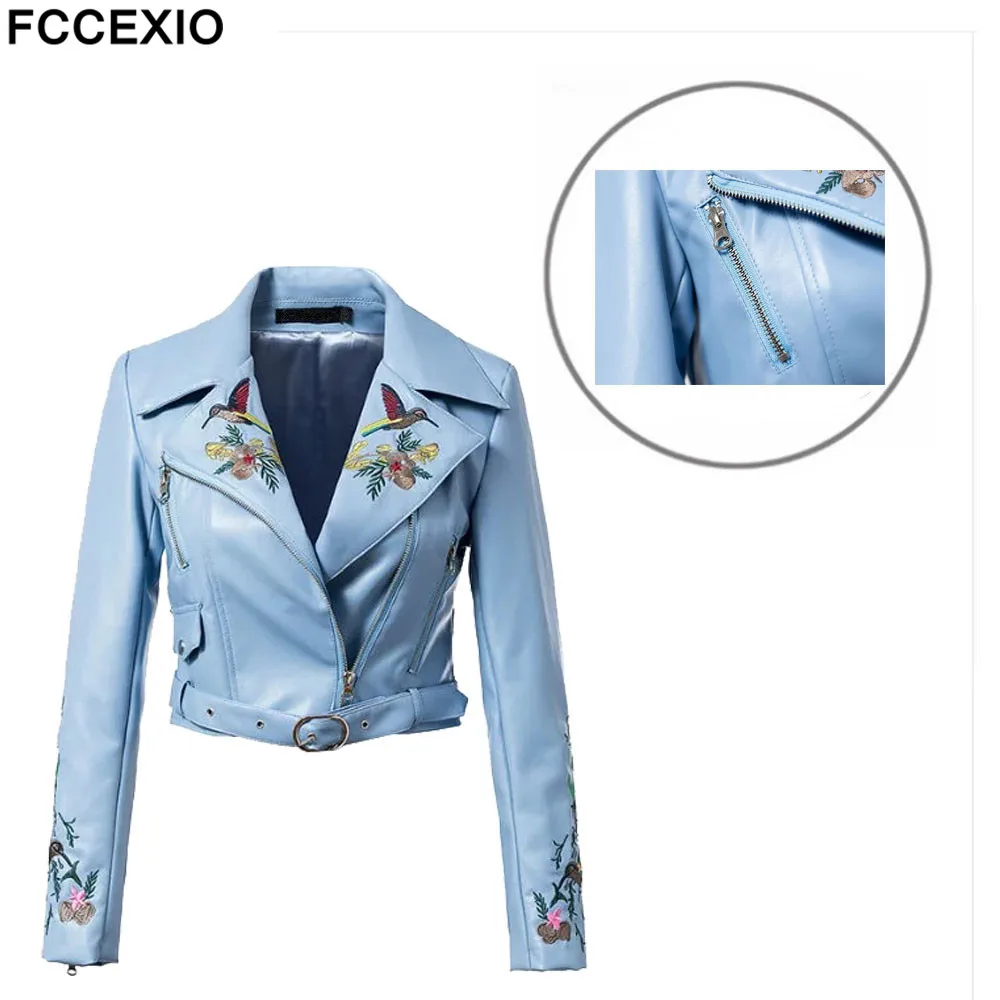 

FCCEXIO 2019 Slim Faux Leather Jacket Motorcycle Zipper Long Sleeve Jackets Embroidery Fashion Short Coats PU Outerwear S-4XL
