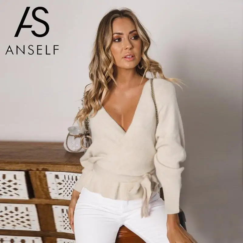 

ANSELF Sexy Backless Sweater Women Pullover Sweater Solid Color Tunics Deep V Neck Tie Waist Spring Fall Knitwear female Jumper