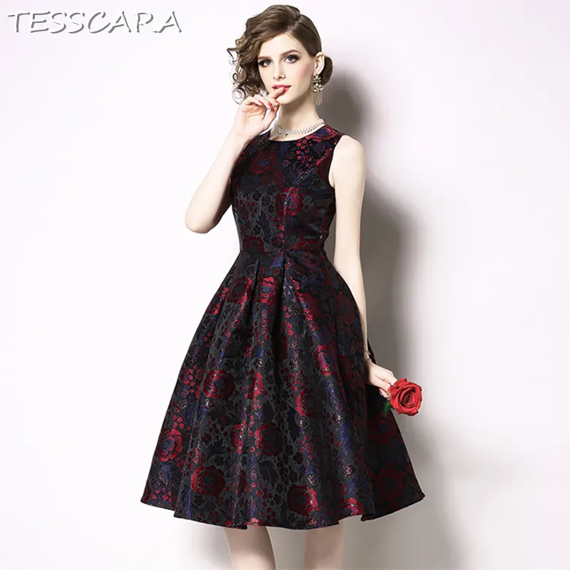 

TESSCARA Women Elegant Jacquard Dress Festa Robe Femme High Quality Fashion Designer Female Office Party Sleeveless Vestidos