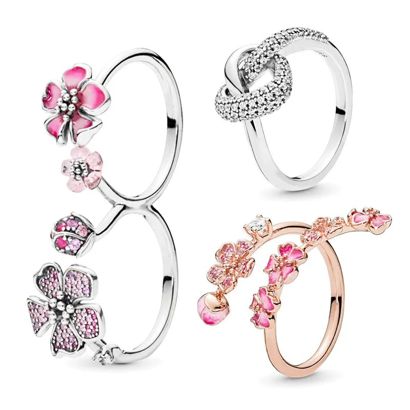 

2019 Spring New 925 Sterling Silver Knotted Heart Rose Peach Blossoms Flowers Europe Ring For Women DIY Jewelry Birthday Gift