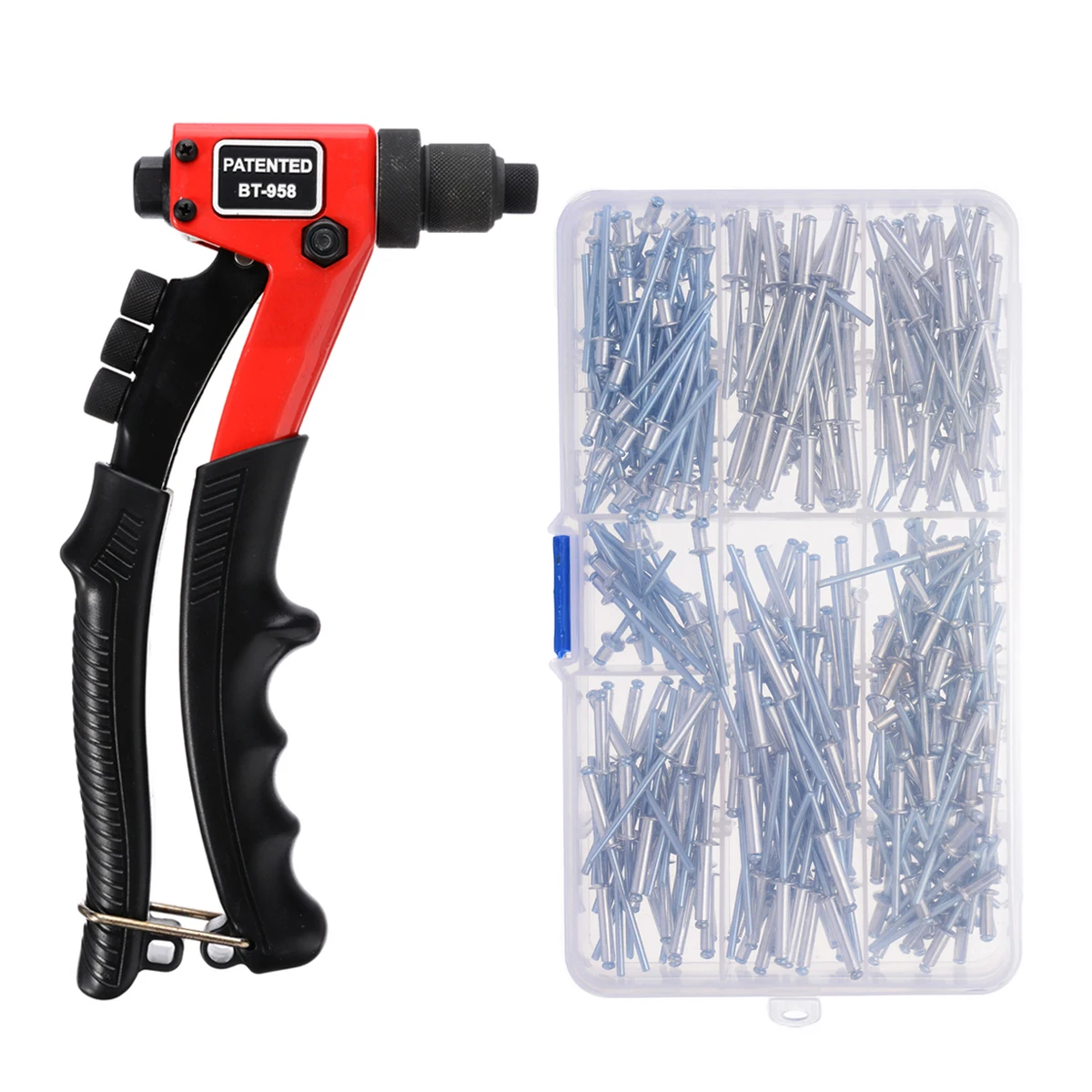

200mm Hand Riveter Gun Plier + 320pcs Blind Rivets in 4 Sizes Manual Rivet Heavy Duty Hand Repair Tool Kit with Plastic Box