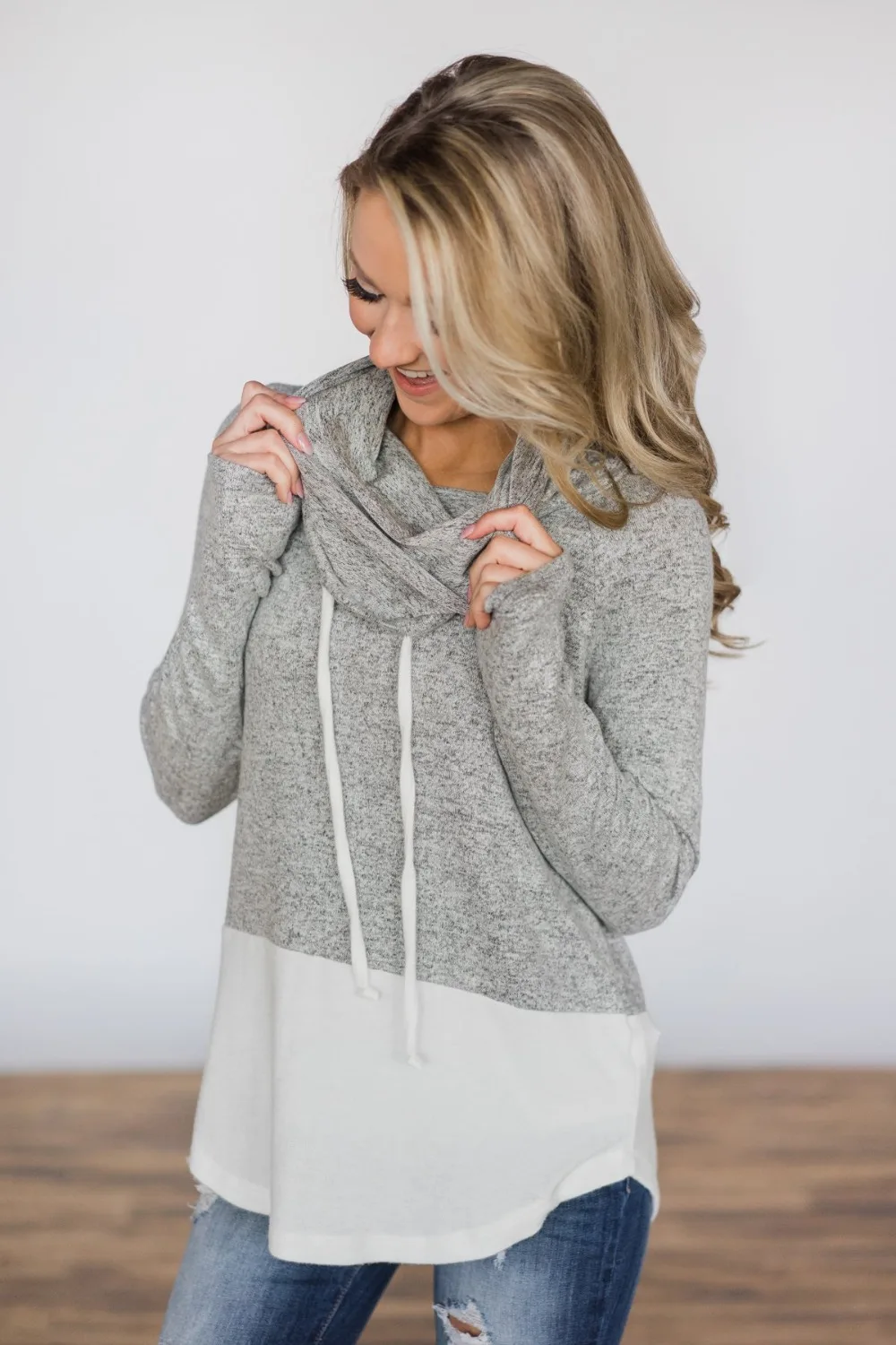 Grey-White-Colorblock-Drawstring-Cowl-Neck-Sweatshirt-LC251268-1-2
