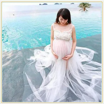 

2016 Maternity Fancy photography props summer lace transparant white beach dress Maternity Long lace Dress Pregnant Photography