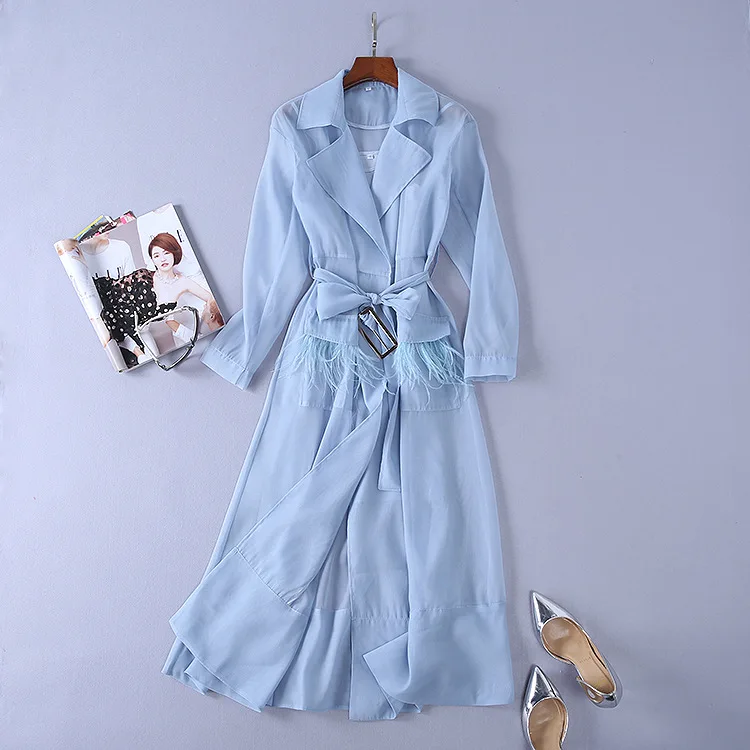 New Europe Runway Women Sexy Organza Through Trench Coat Feathers Tassel Belt Dress Summer Turn-Down Collar Long Coat Outerwear