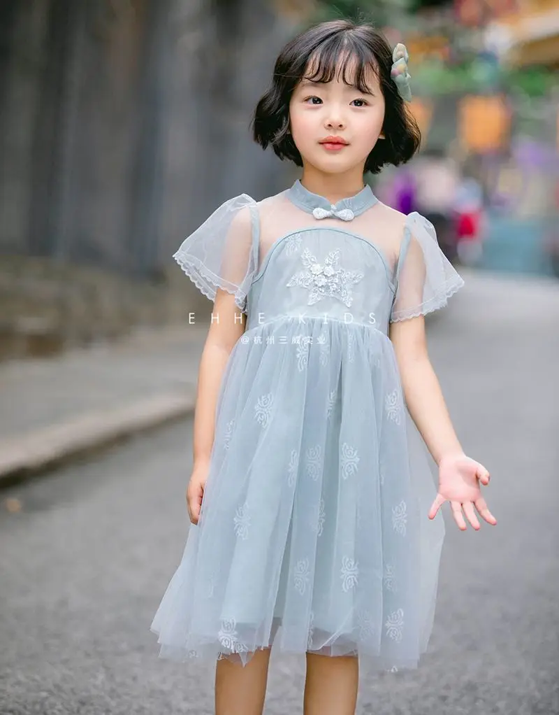 

Girls Princess cheongsam dress 2019 summer children's dress retro cheongsam mesh puff princess show dress