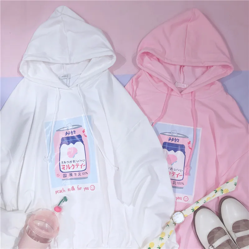 Japanese Autumn female top New cute peach beverage cans printed loose pullover Harajuku hooded women cotton sweatshirt Japanese Autumn female top New cute peach beverage cans printed loose pullover Harajuku hooded women cotton sweatshirt