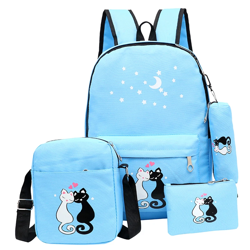 Women Backpack Schoolbag 4 pcs set lovely Cute Cartoon Cat Print School Bag Backpacks for Teenage Girls Daypack Rucksack Moclila