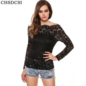 

CHSDCSI Off Shoulder Blusas Spring Sexy Women Slash Neck Lace Solid Shirts Long Sleeve Slim Blouses Plus Size Casual Tops
