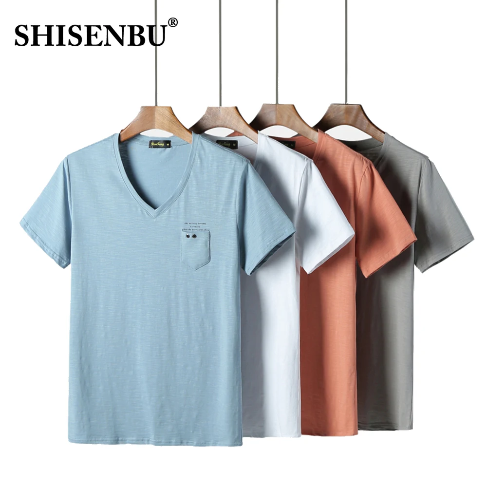 shirt men slub Cotton pocket tshirt man 