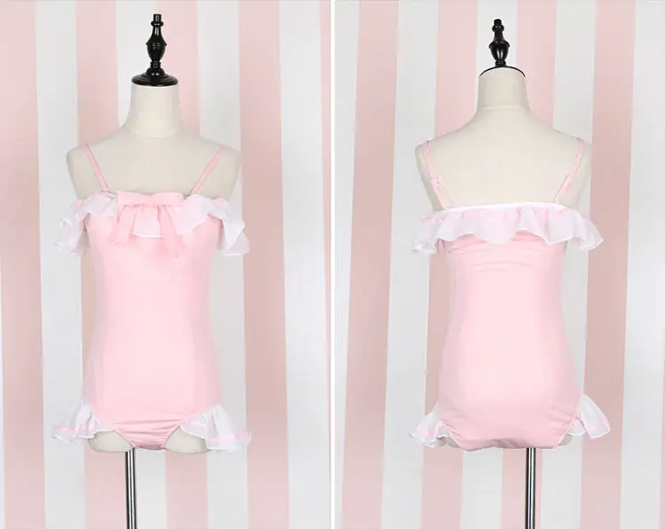 Japanese Soft Girl Sweey Style White Ruffles Kawayii Pink Bodysuits With Bowknot Sexy Sleeveless Bodycon Beach Swimwear Women9
