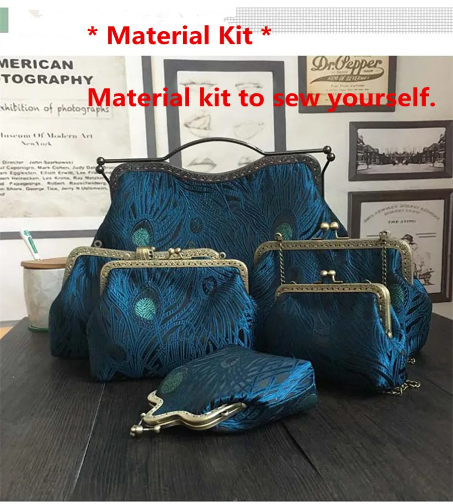 Blue Peacock tail Simulated Silk Fabric  Metal Purse Frame Bag Material Kit  Clutch Bag Kissing lock Women Handbags