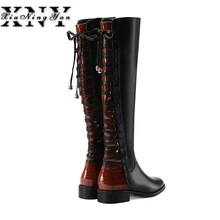 XIUNINGYAN/новые женские сапоги до колена; осенне-зимняя обувь из натуральной кожи на высоком каблуке; женская обувь с круглым носком и перекрестной шнуровкой
