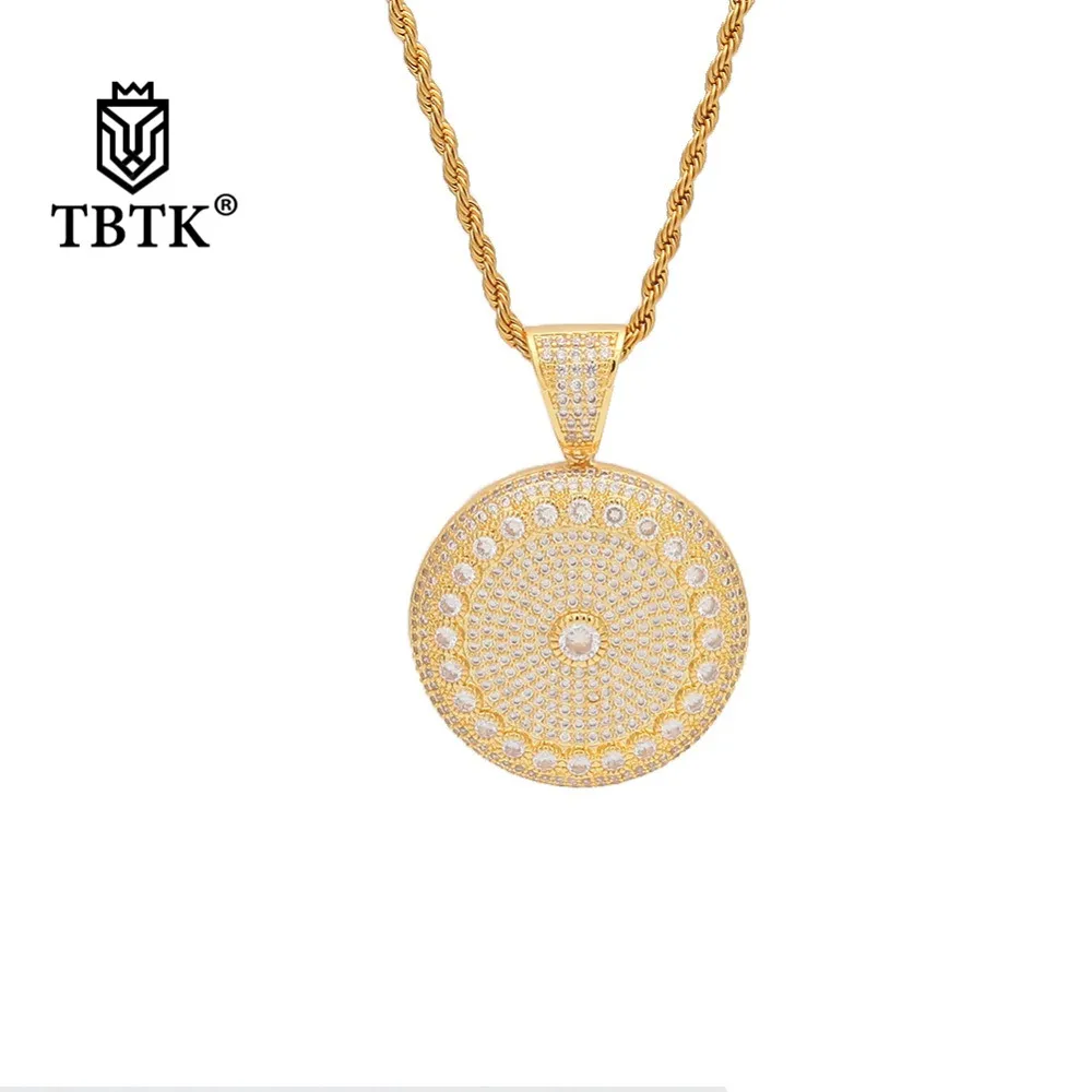 TBTK Round Shape Beautiful Pendant Circle Flower Pattern Paved Crystal Shining Zircon Simple Hiphop Style Jewelry Man | Украшения и