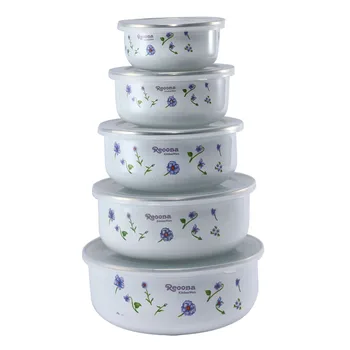 

5 pieces/set Classic White Enamel Dessert Bowls Soup Pots Salad Bowl Food bowl with Airtight Plastic Cover