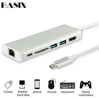 

Basix USB Type C hub to HDMI 4K/RJ45 USB Hub 3.0 Card Reader Adapter Charging Port Hubs USB C Hub for MacBook Pro Air