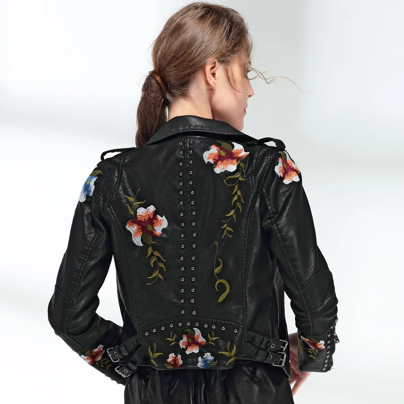 Women's Elegant Floral Embroidery Faux Leather Jacket Model Display Black Back