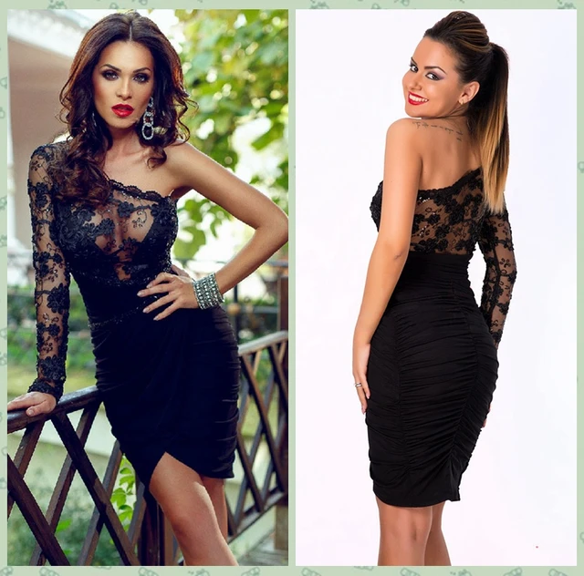 One Shoulder Black Lace Cocktail Dress