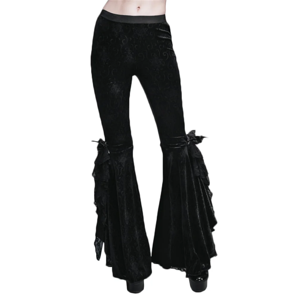 

Gothic Women Bell-bottomed Pants Black Cospaly Trumpet Casual Trousers Stage Performance Lace Flare Pants
