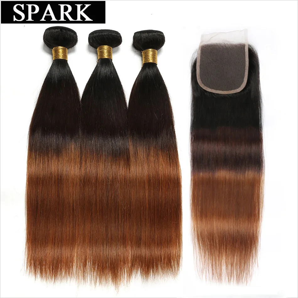 Spark Ombre Straight Human Hair Bundles with Closure 1B/4/30 Brazilian Remy Hair Weave 3/4 Bundles with Lace Closure Free Part Spark Ombre Straight Human Hair Bundles with Closure 1B/4/30 Brazilian Remy Hair Weave 3/4 Bundles with Lace Closure Free Part