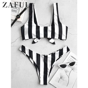 

ZAFUL Knot Striped Bikini Set Women High Leg Waist Bikini U Neck Padded Swimsuit 2019 Summer Sexy Push Up Swimwear Bathing Suit