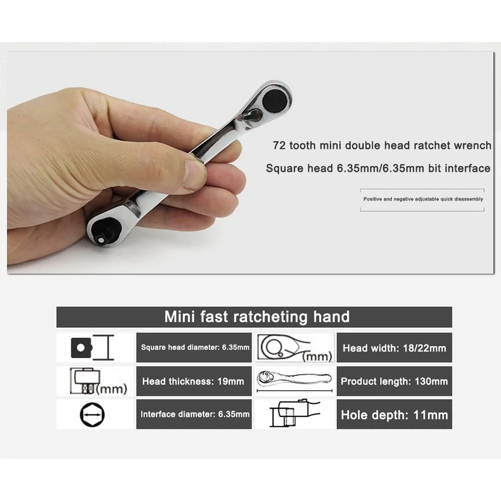 1pcs 1/4" Mini Ratchet Wrench Batch Head Handle Fly Socket Wrench Spanner Double-Ended Torque Wrench DIY Repair Hand Tools