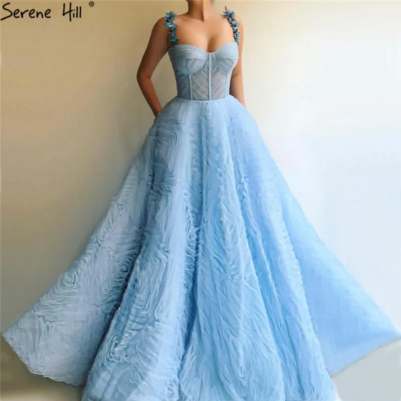 Голубое сексуальное вечернее платье без рукавов с цветами из кристаллов ТРАПЕЦИЕВИДНОЕ Плиссированное длинное вечернее платье из тюля Serene hilm LA60992 - Цвет: blue