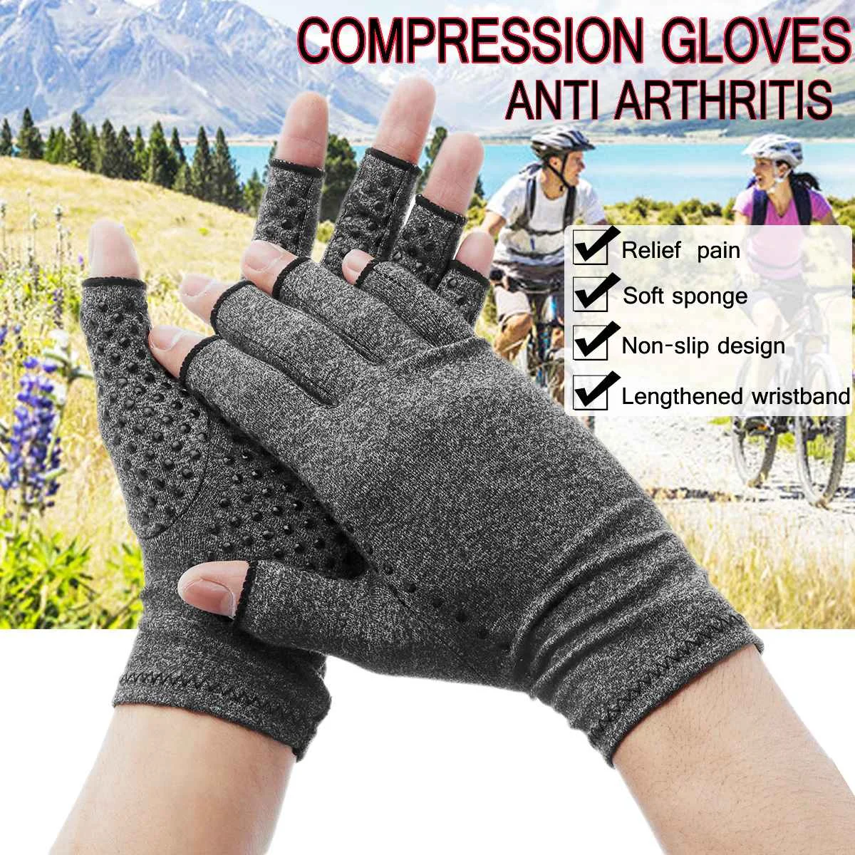 

1 Pair Unisex Men Women Therapy Compression Gloves Hand Arthritis Joint Pain Relief Health Care Half-finger Gloves