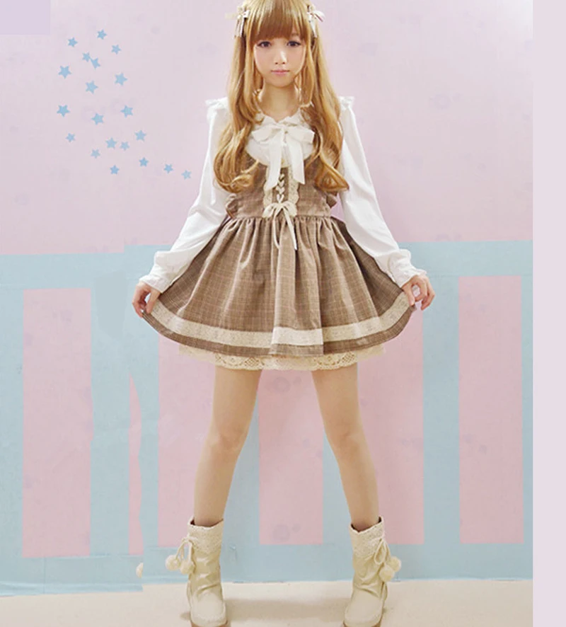 Japan Style High Waist Strap Skirts Khaki Plaid Lace Bandage Lovely ...