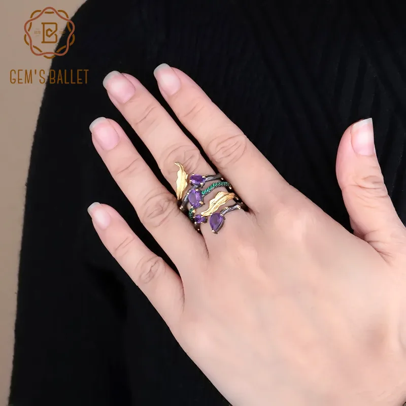 

GEM'S BALLET 2.26Ct Natural Amethyst Gemstone Finger Ring 925 Sterling Sliver Vintage Band Rings For Women Party Fine Jewelry