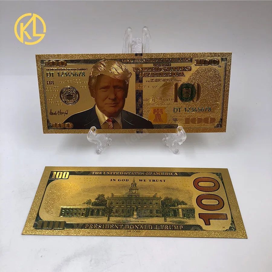 

1 pc free shipping 24k Gold Banknote Donald Trump 100 US Dollar Gold Plated Paper Money for Christmas Gifts and home Collection