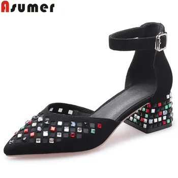 

ASUMER 2020 new shoes woman pointed toe shallow pumps shoes women crystal buckle suede leather shoes prom wedding ladies shoes