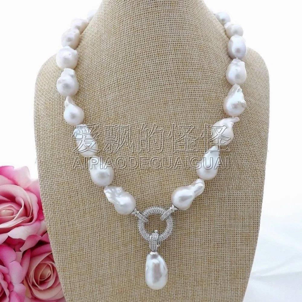 N093005 20 White Keshi Pearl Necklace CZ Pendant in Chain Necklaces 