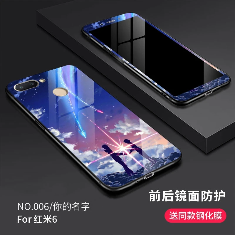 For Xiaomi Redmi 6 6A Case Soft Silicone edge+Hard Cartoon Toughened glass Protect Back Cover with Front Tempered Glass Film |