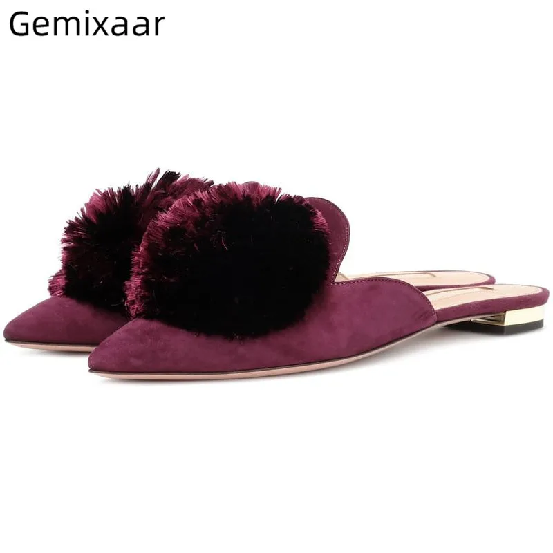 

Multy Jelly Colors Sweet Pompoms Plat Women Shoes Cover Toe Solid Slides Multy Candy Colors Fringe Kid Suede Slippers Woman
