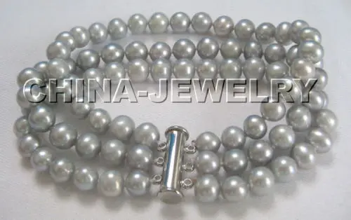 

Beautiful 3row 8" GRAY 8mm round freshwater pearl bracelet e SHIPPING 5.25