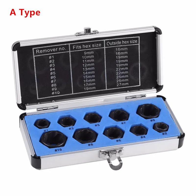10pc 9-19mm Damaged Bolt Nut Screw Extractor Remover Removal Set Broken Nut Removal Socket Tool Black Threading Tool Kit