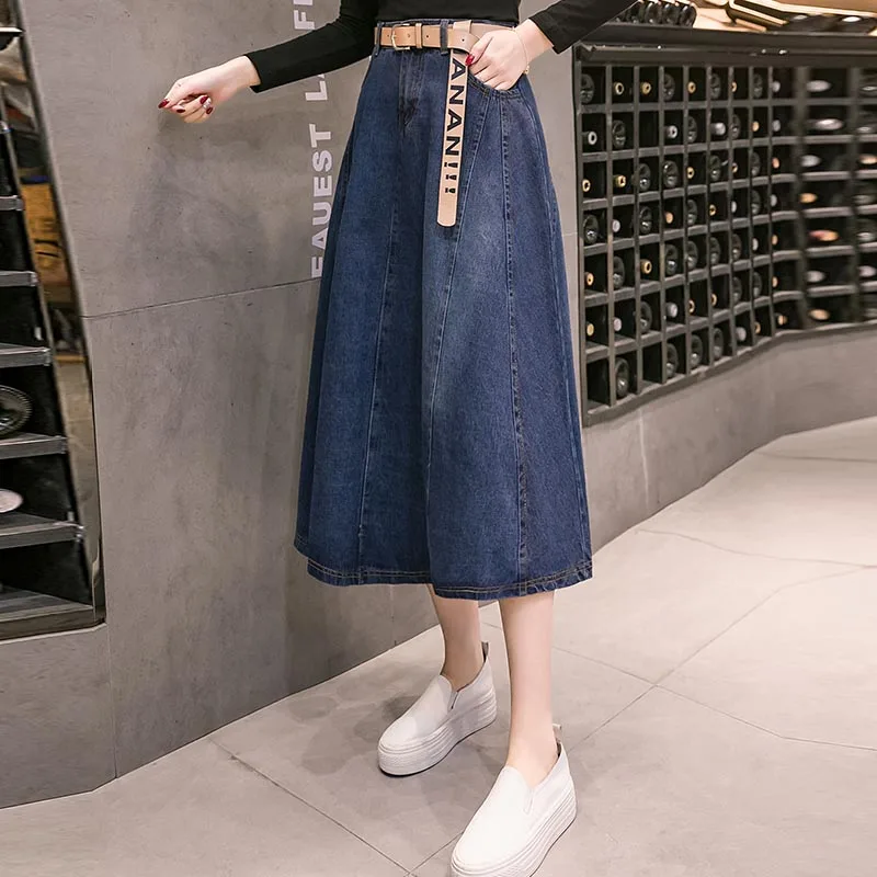 Faldas mujer moda Осенняя модная женская длинная Повседневная джинсовая юбка плюс размер Макси трапециевидная юбка винтажная Джинсовая юбка миди