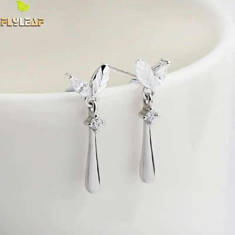 

Flyleaf 100% 925 Sterling Silver Cubic Zirconia Leaves Long Drop Earrings For Women Fashion Party Jewelry