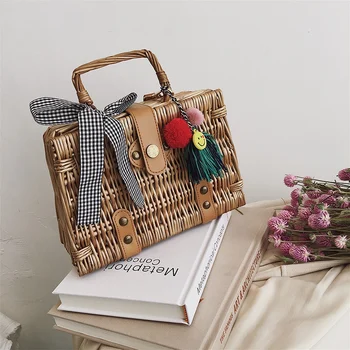 

JHD-Fashion Women'S Bag Bow Woven Tassel Handbag Bamboo Series Youth Shoulder Diagonal Cross Bag Temperament Handbag Box Shap