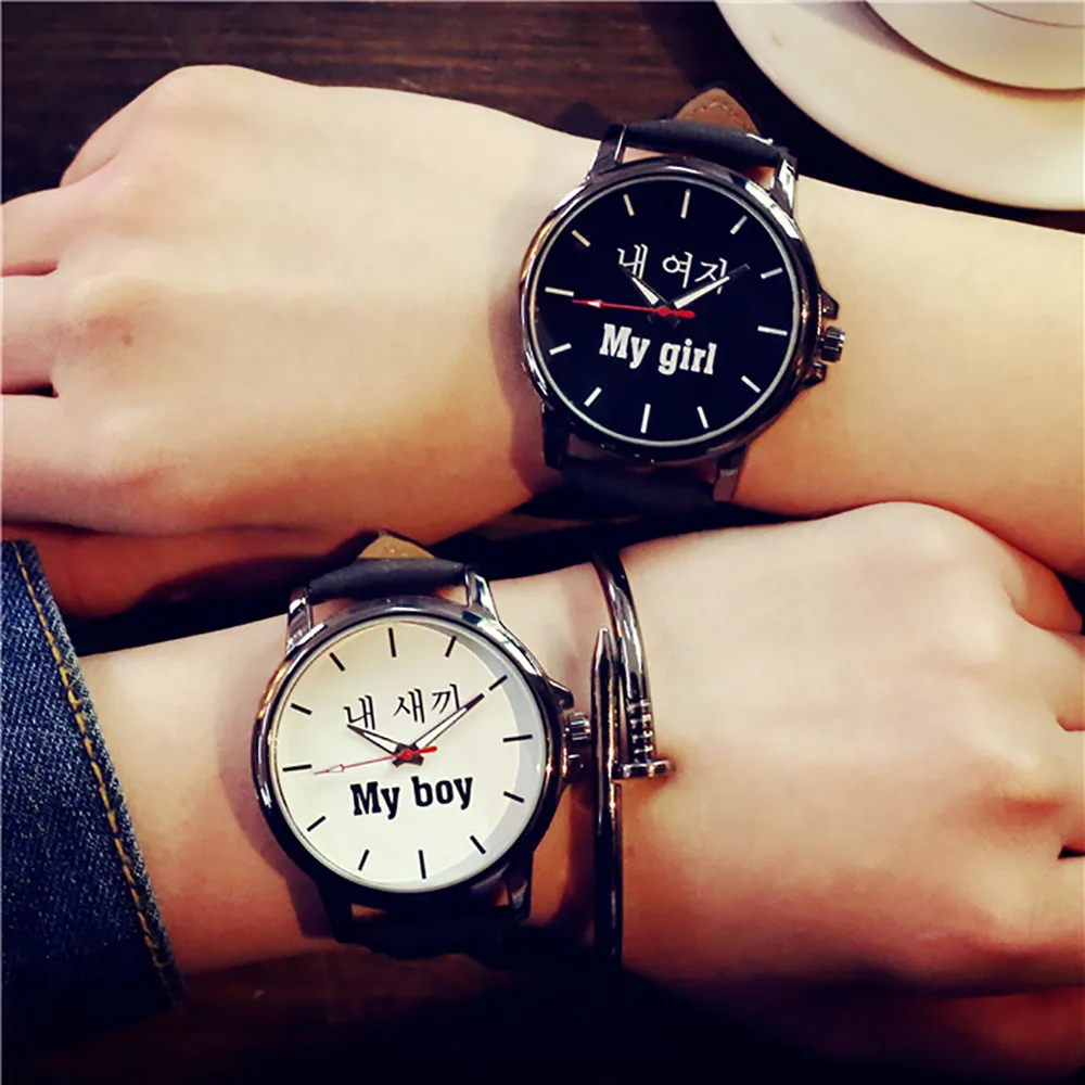 

Fashion Korea Couple Watches Popular Woman Man Casual Leather Quartz Watch Minimalism Lover's Gift Clock School Student Clock