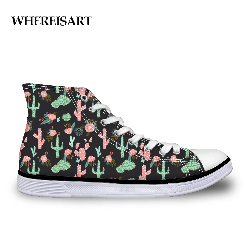 

WHEREISART Sneakers Cactus Flowers Pattern Women's Vulcanized Canvas Shoes Flats Women Casual High Top Shoes Zapatos Mujer 2019