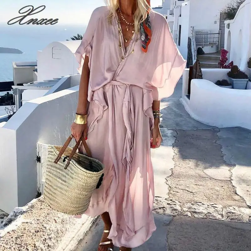

Lady Sexy V-neck Ruffle Long Dress Women Casual Short Sleeve Solid Plus Size Party Dress Summer Loose Beach Holiday Dress Female