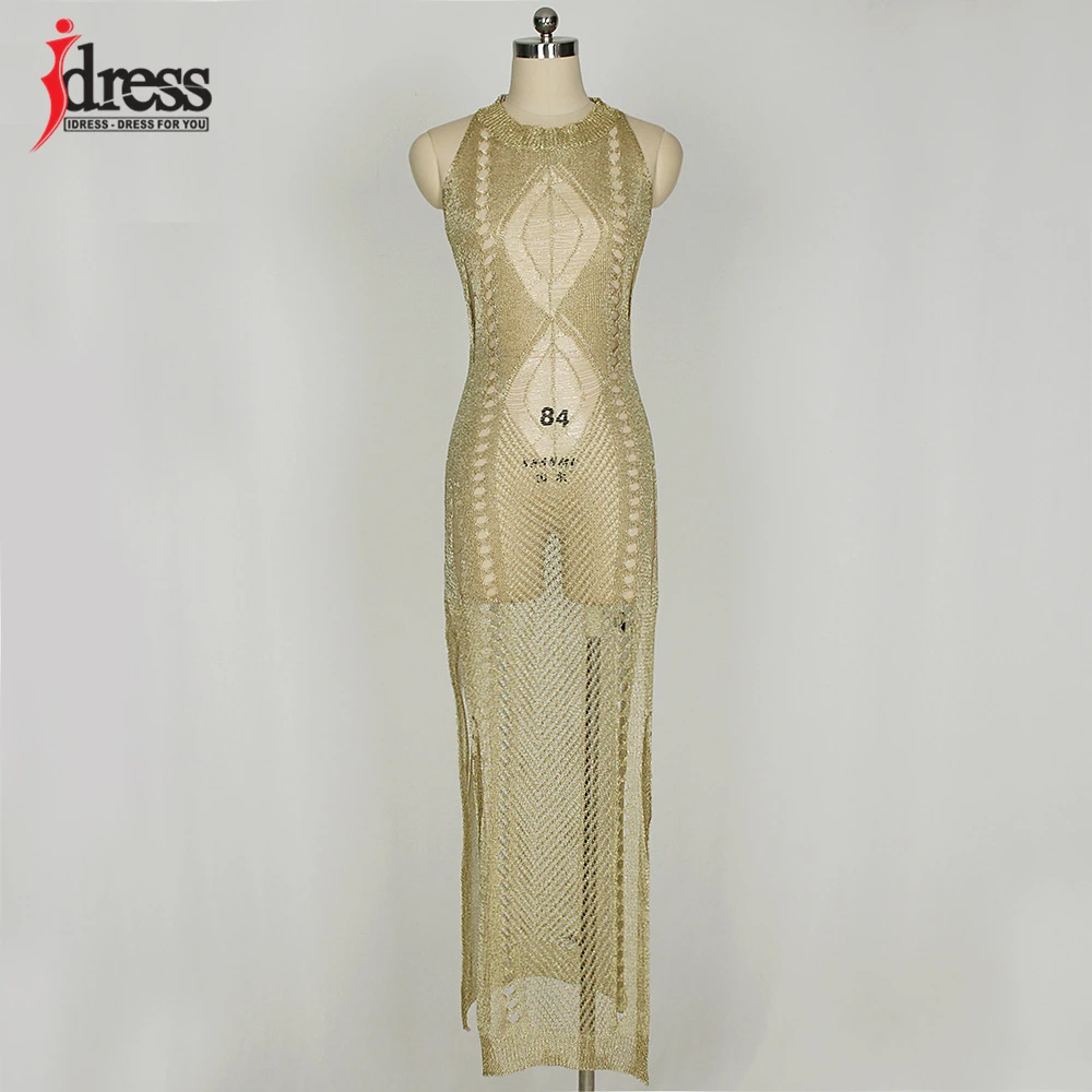 IDress Sexy Knitted Crochet Club Dress 2017 Summer Beach Sleeveless Maxi Dress Hollow Out See Through Purple Gold Beach Dress (11)