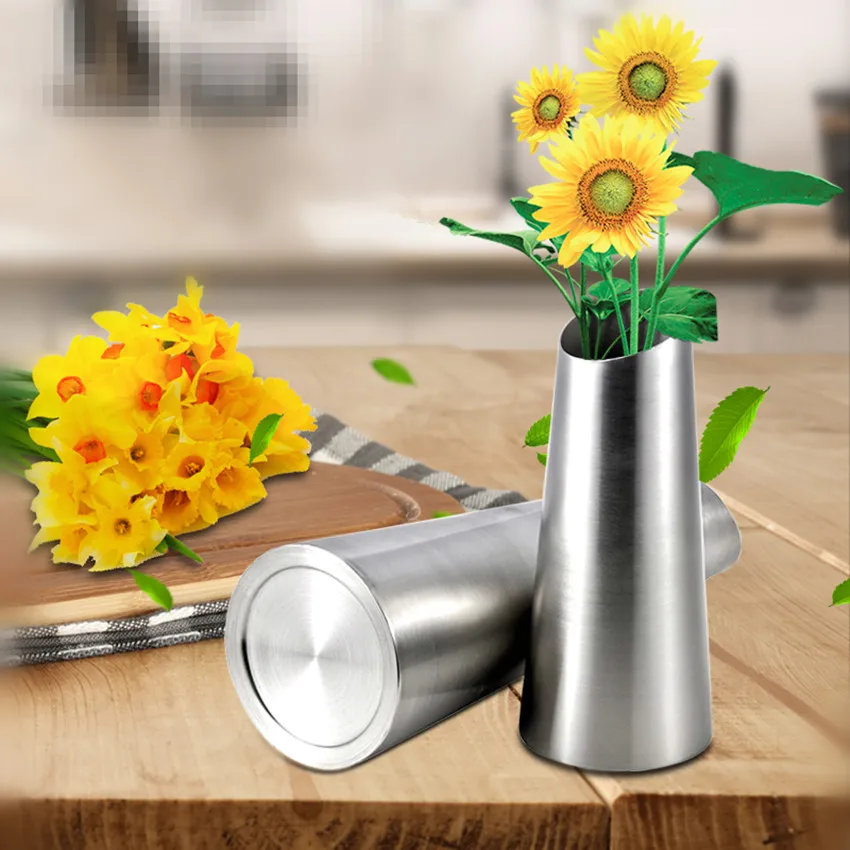 Free Shipping Stainless Steel Vase Home Decor flower Vase 1 Piece 2 Sizes Oblique Opening
