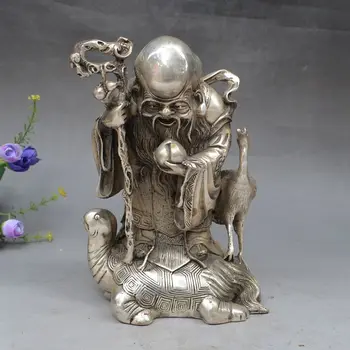 

China FengShui Silver Peach Longevity Star God Crane Gourd Shou Turtle Statue