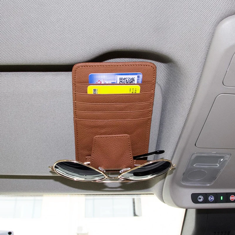 Brown Car Styling Sun Visor Holder Card Glasses Catcher Case Pocket