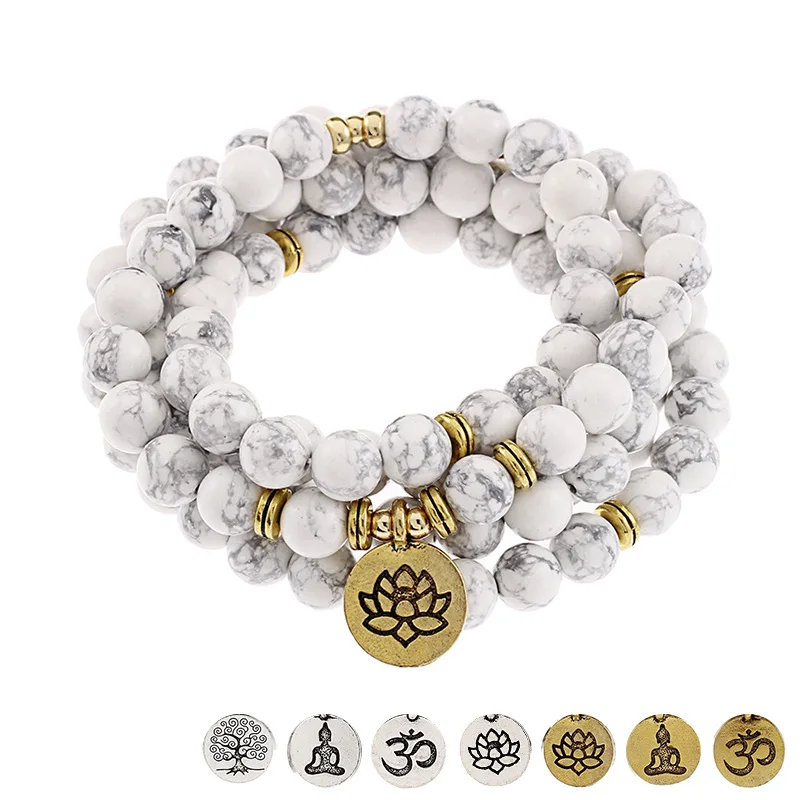 

OHM Designed Women's Fashion Bracelet 108 Yogi Howlite Mala Bracelet or High Quality Lotus Necklace Jewelry Gift for Girls