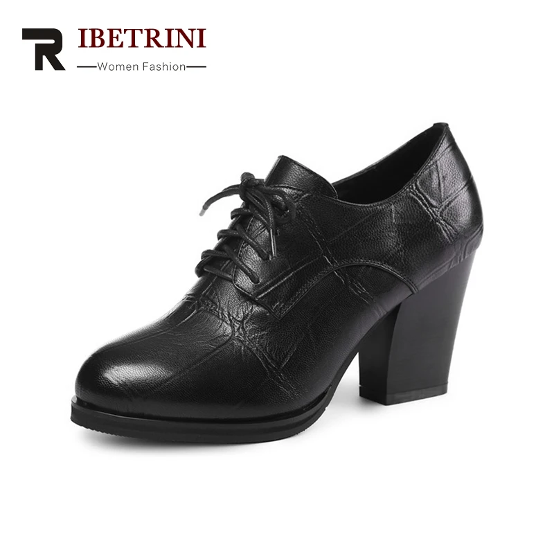 

RIBETRINI 2018 Spring Autumn Black Mature Ol High Heels Genuine Leather Women Deep Pumps lace-up Pleated Shoes Woman