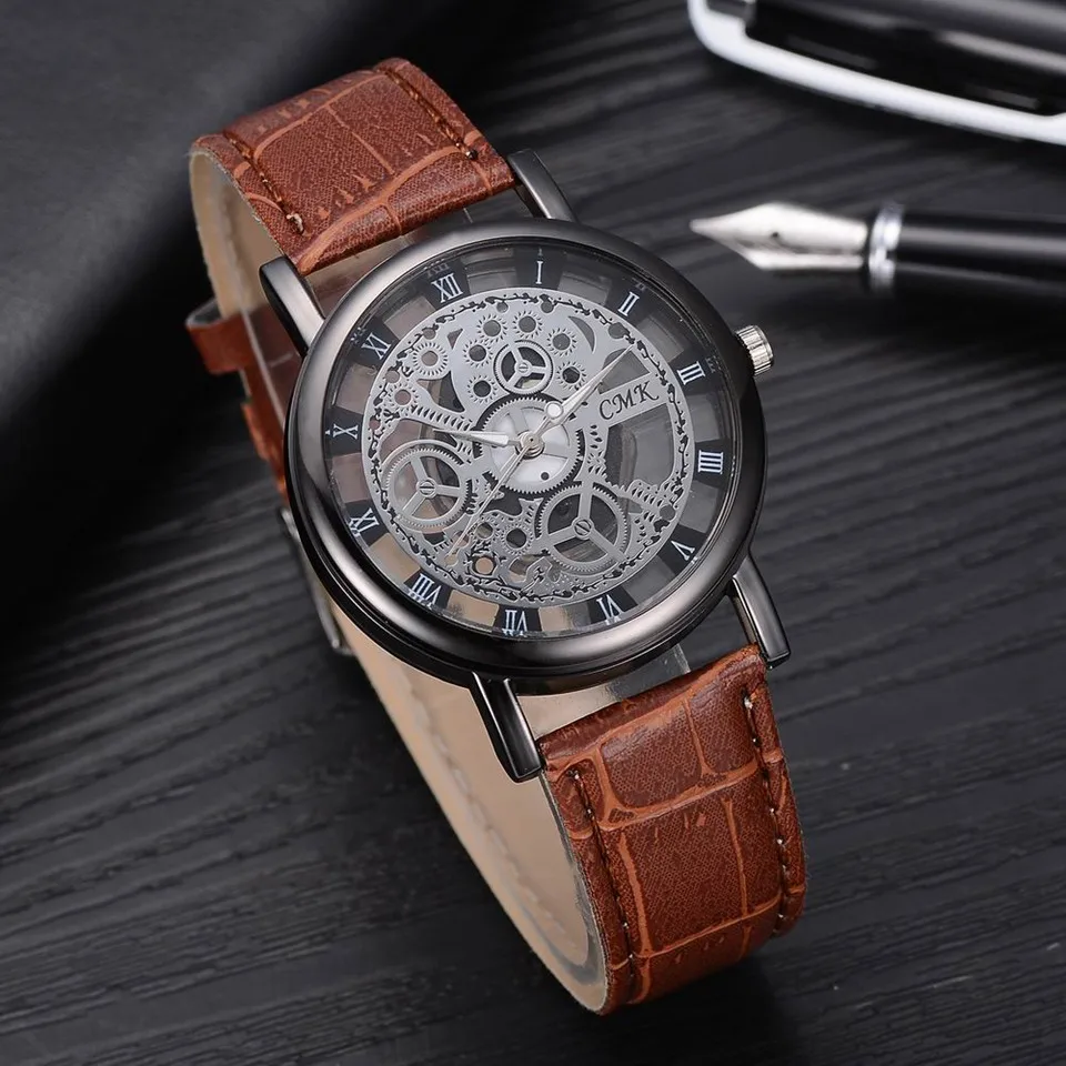 

Fashion Brands Watch Women Business Skeleton Watches Men Engraving Hollow Reloj Hombre Quartz Wristwatch Ladies Leather Clock